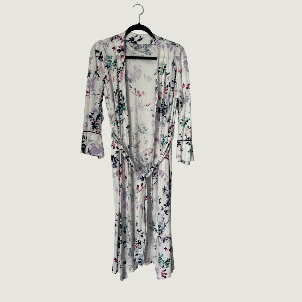 J. Jill Ultrasoft Piped Cuff Kimono Robe Womens S Petite White Floral Botanical